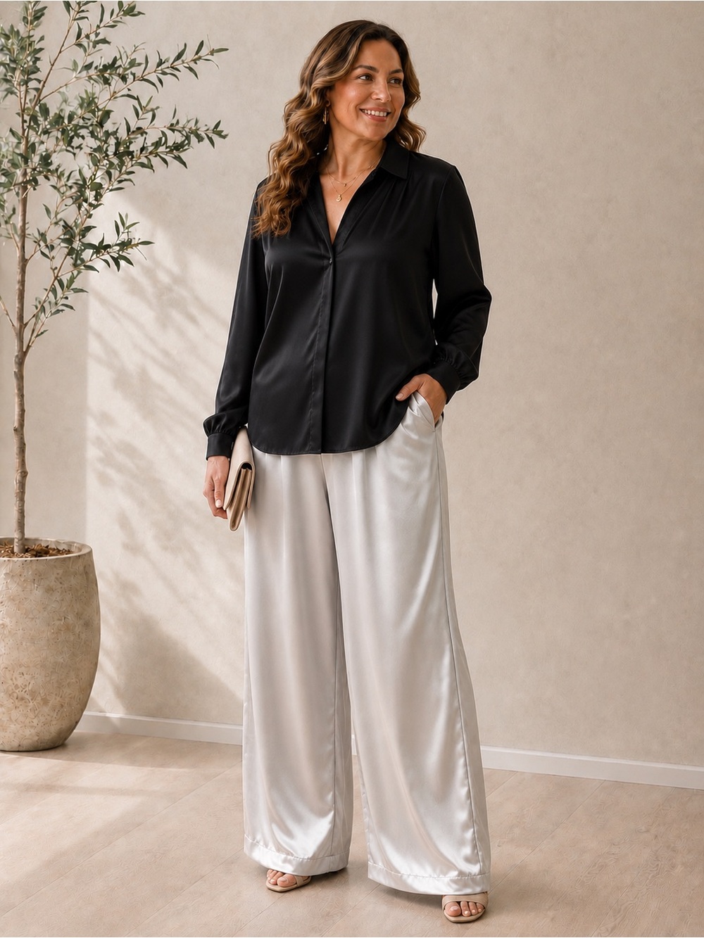 Sz 12 ( 0XL) Luna Ivory Satin Wide-Leg Pants